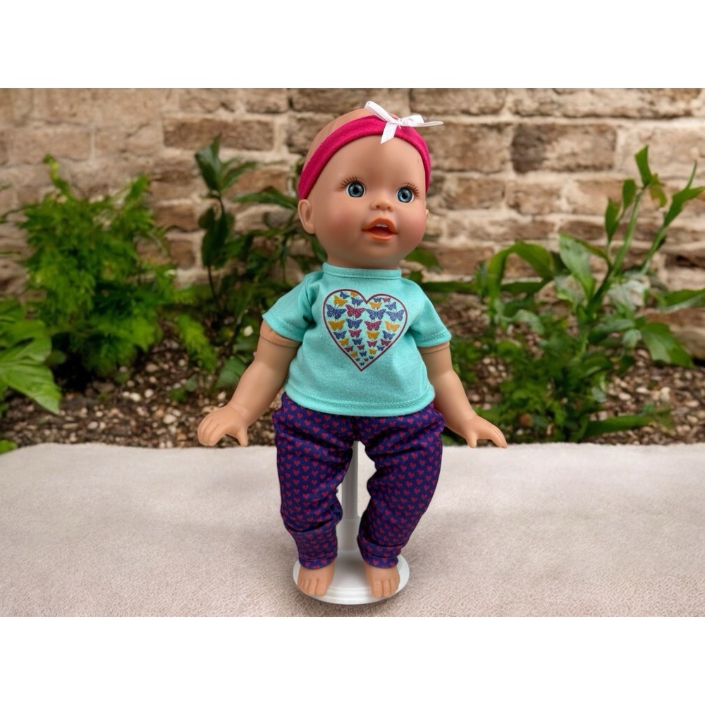 Turquoise‎ Butterfly Doll Shirt W/ Purple Heart Pants W/ Pink Head Band 14" Doll